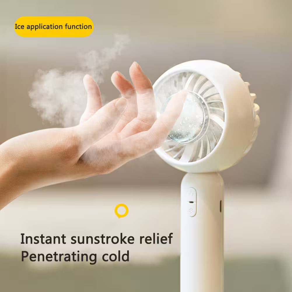 Handheld fan with ice application function and text on a neutral background