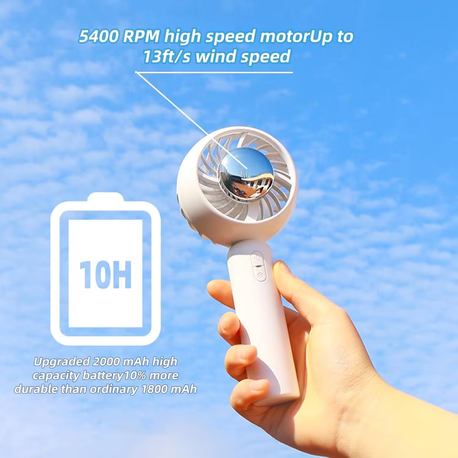 Handheld fan held by a hand with text about its specifications against a blue sky background