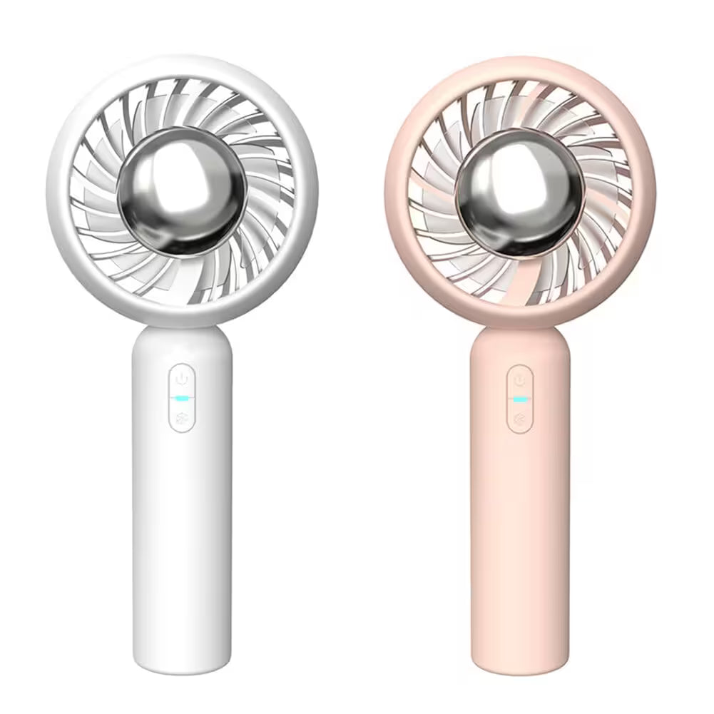 Two handheld fans, one white and one pink, on a white background