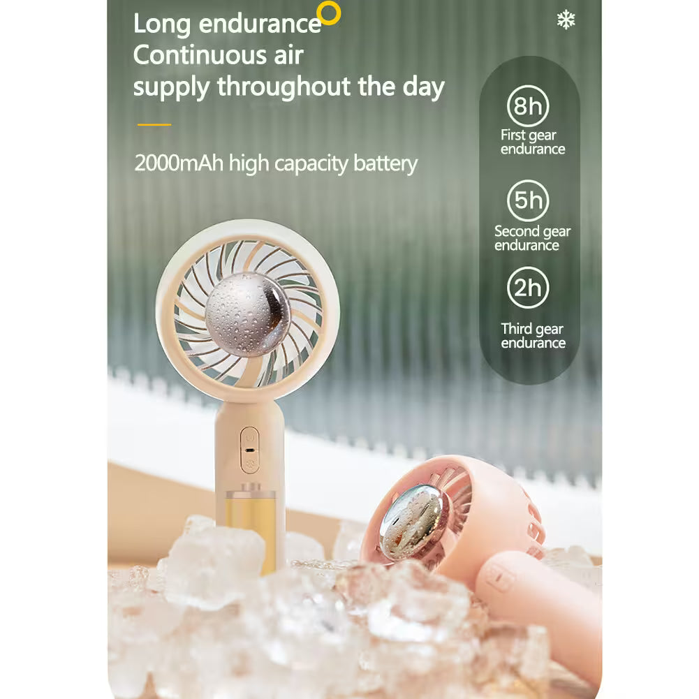 Handheld fan with battery capacity display on a blurred background