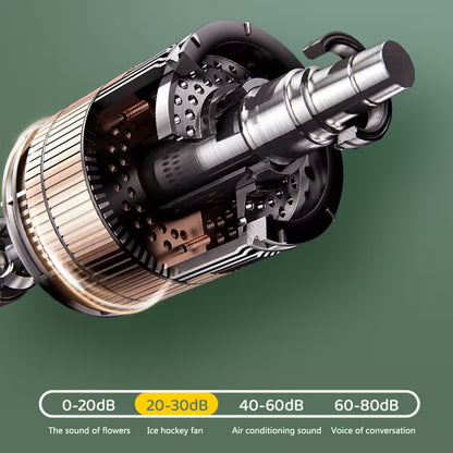 Close-up of a mechanical component with a decibel level indicator on a green background