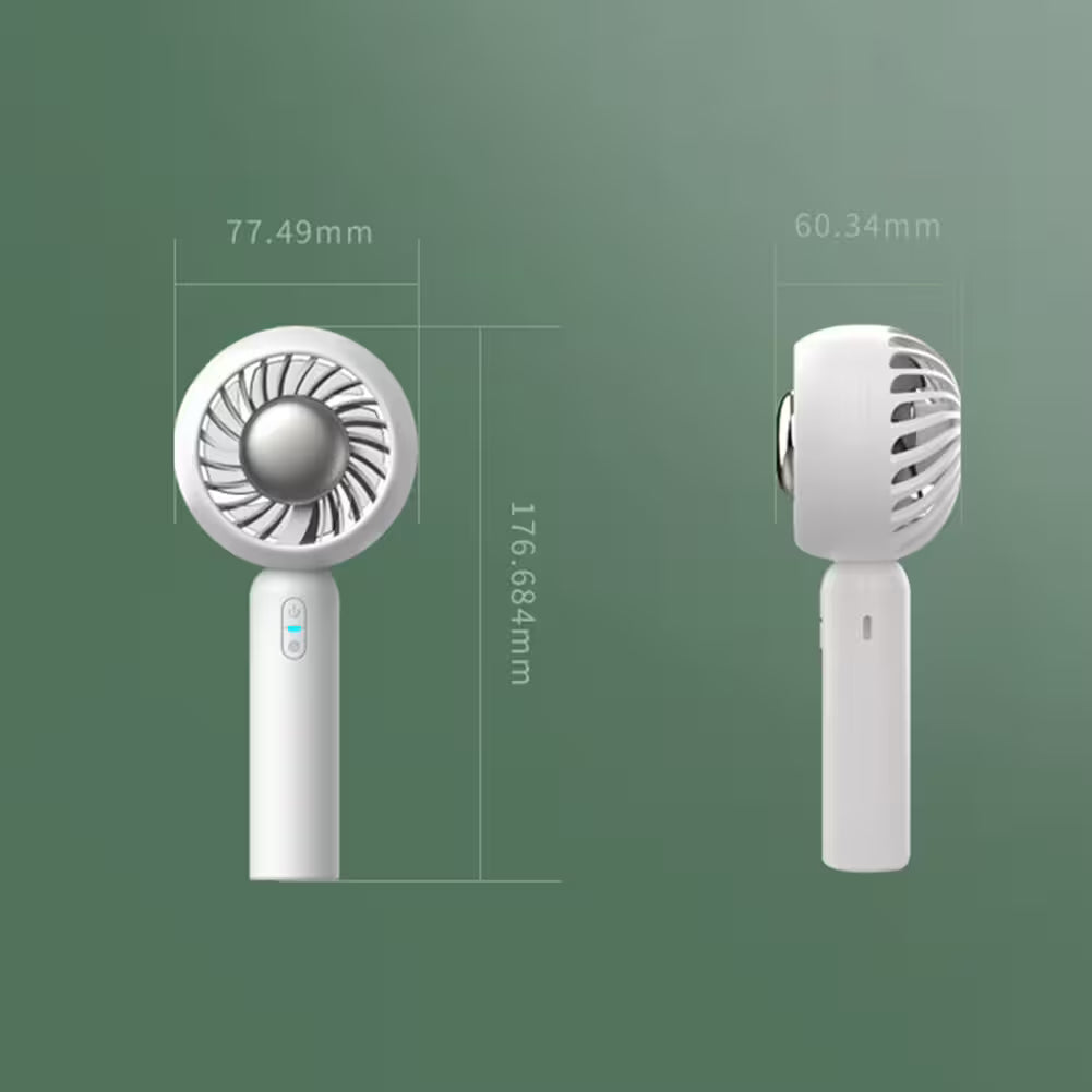 White handheld fan with dimensions labeled on a green background