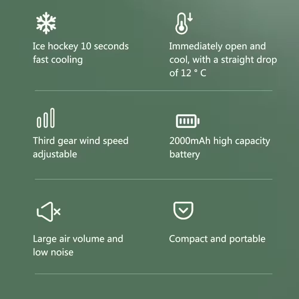 List of features on a green background with icons and text.