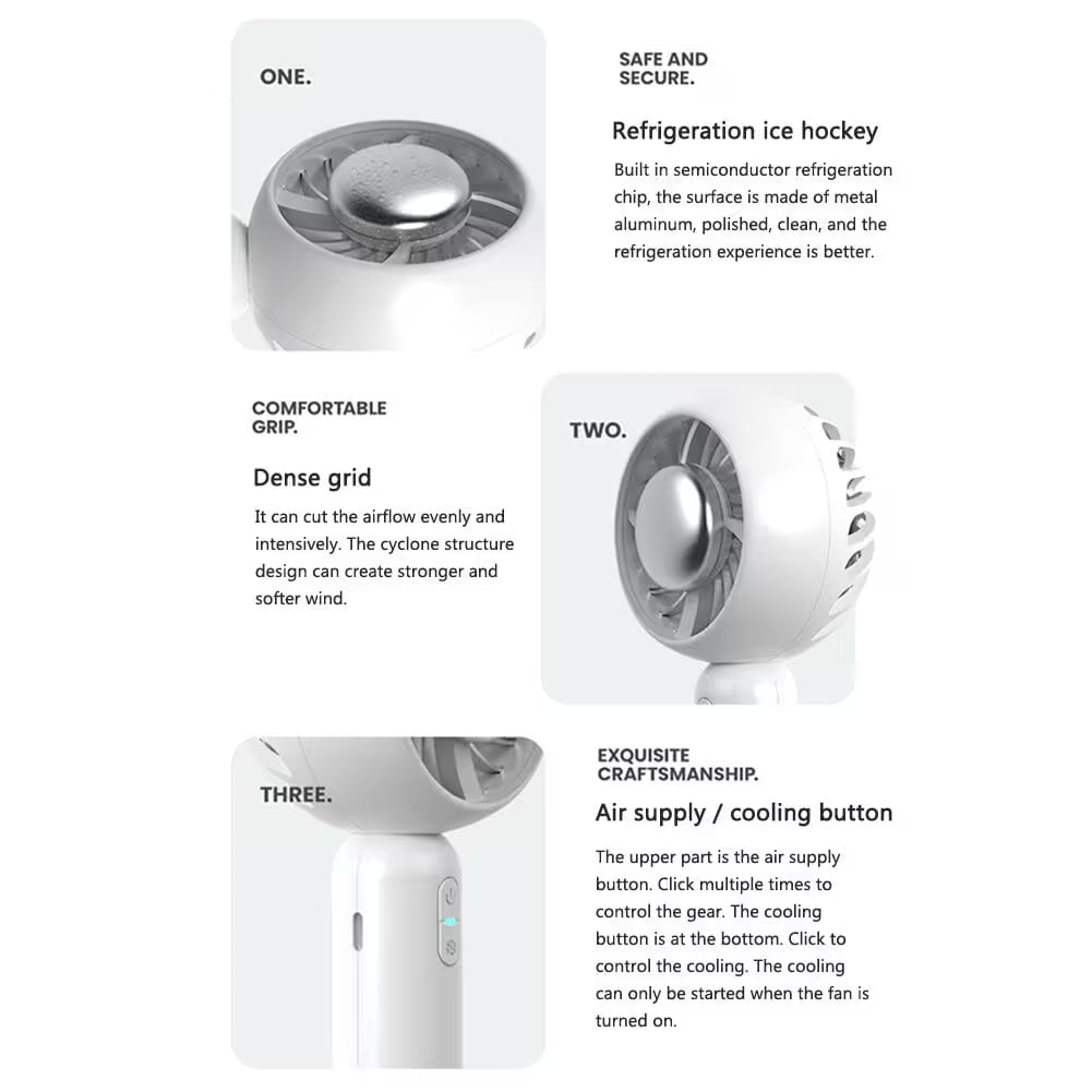 White handheld fan with features listed on a white background