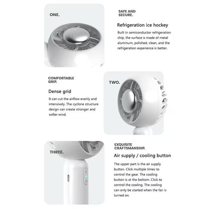 White handheld fan with features listed on a white background