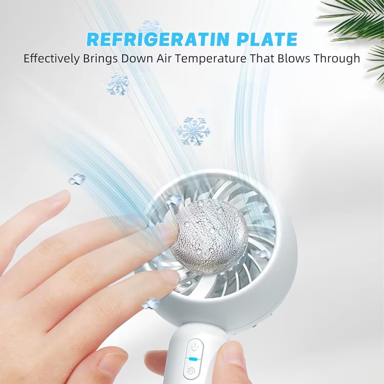 Handheld fan with refrigeration plate feature on a white background