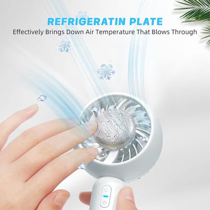 Handheld fan with refrigeration plate feature on a white background