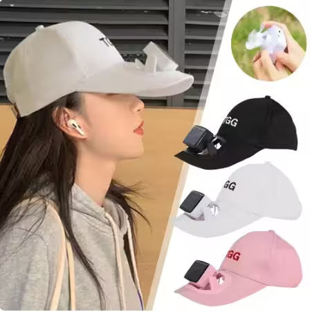 Woman wearing a white cap with a device attached, inset images of black, white, and pink caps with similar devices.