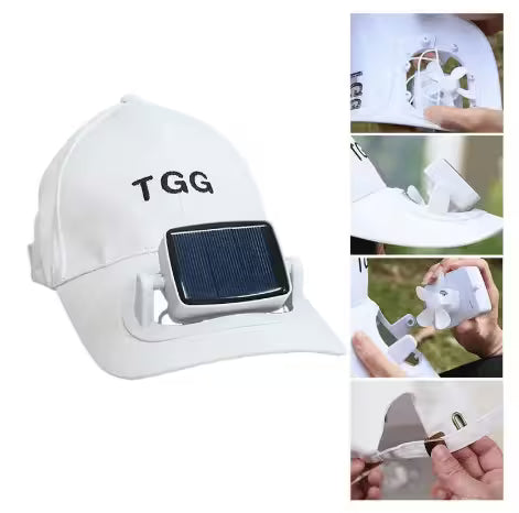 White cap with solar panel and 'TGG' branding, shown from multiple angles.