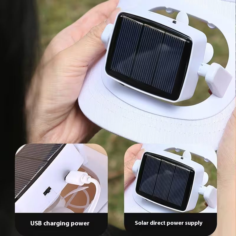 Solar-powered device with USB charging feature held by a hand, with close-up insets showing details.