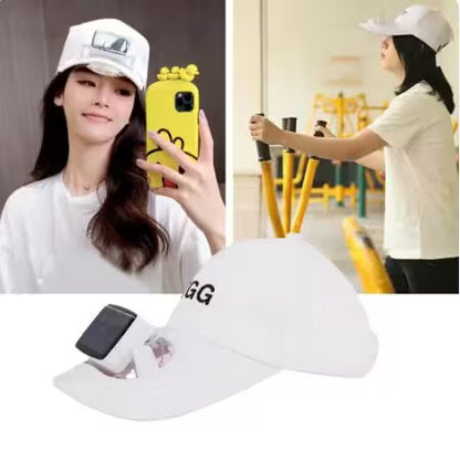 Collage of a woman wearing a white cap, a phone with a yellow case, and a cap with text.