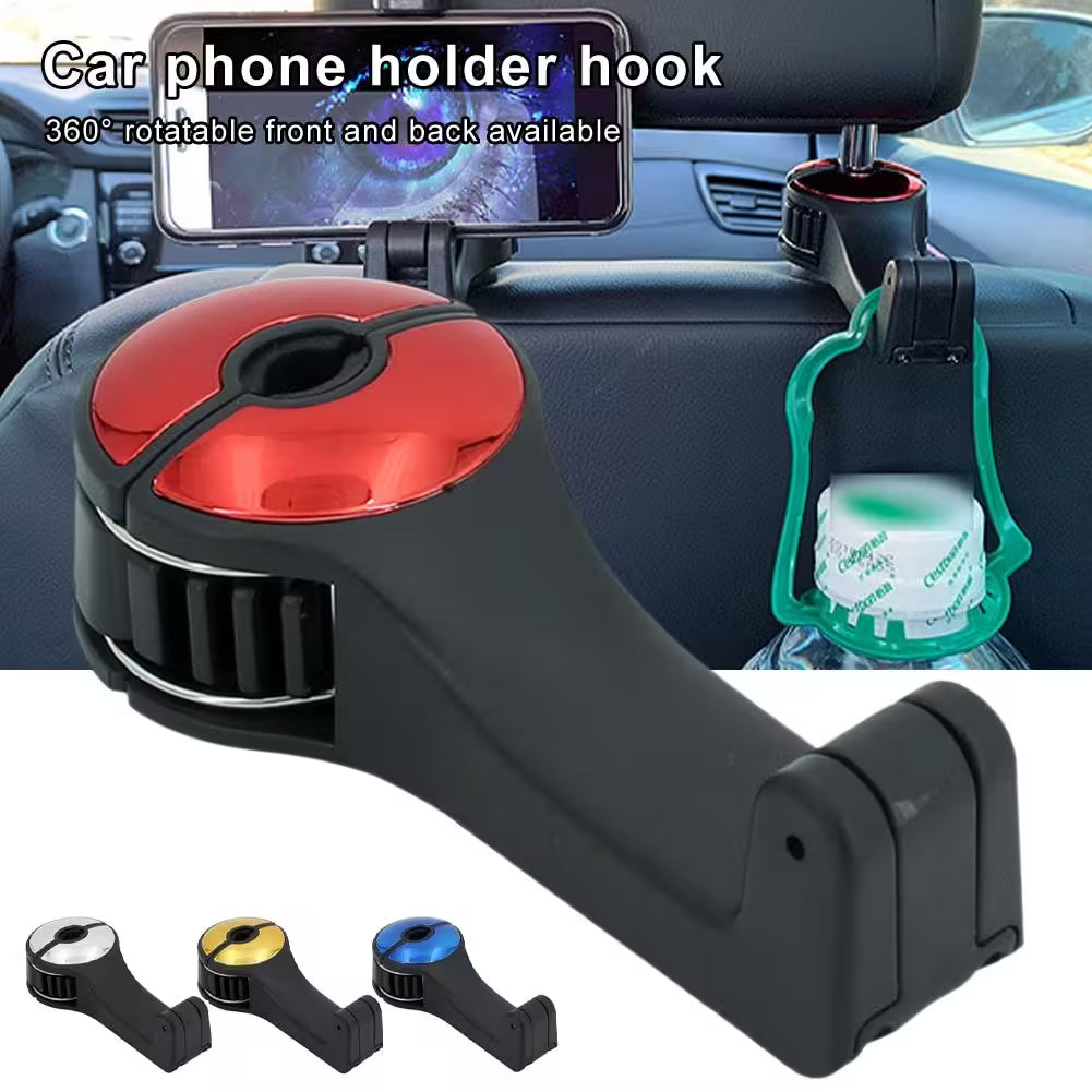 Headrest Hooks For Cars With 360° Phone Holder | Clip-On Seat Back Hook For Bags, Purses & Bottles