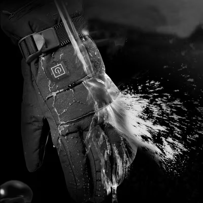 Person wearing gloves with a brand logo, splashing water against a dark background
