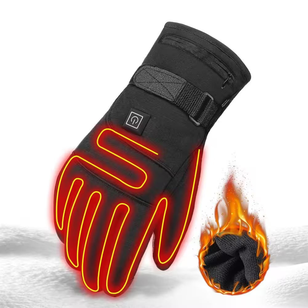 Black heated glove with glowing red heating elements on a white background