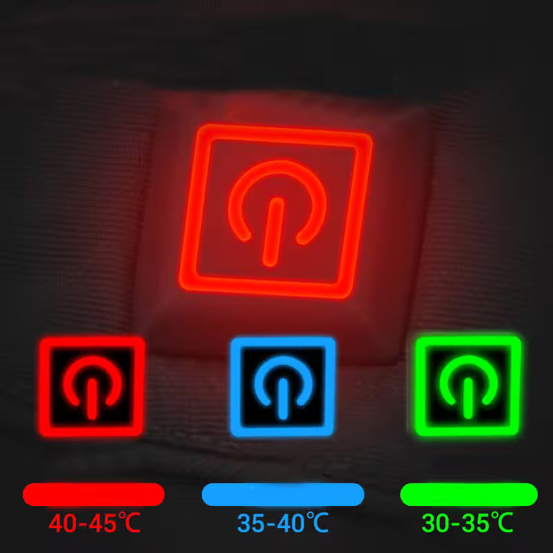 Neon signs with temperature indicators in red, blue, and green on a dark background.