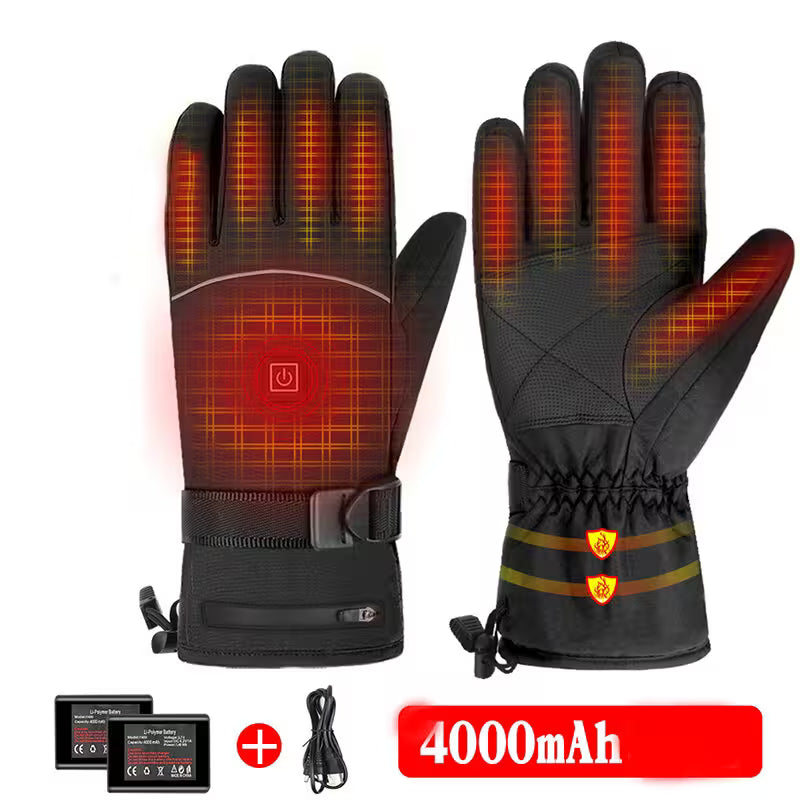 Heated gloves with battery pack and charging cable on a white background