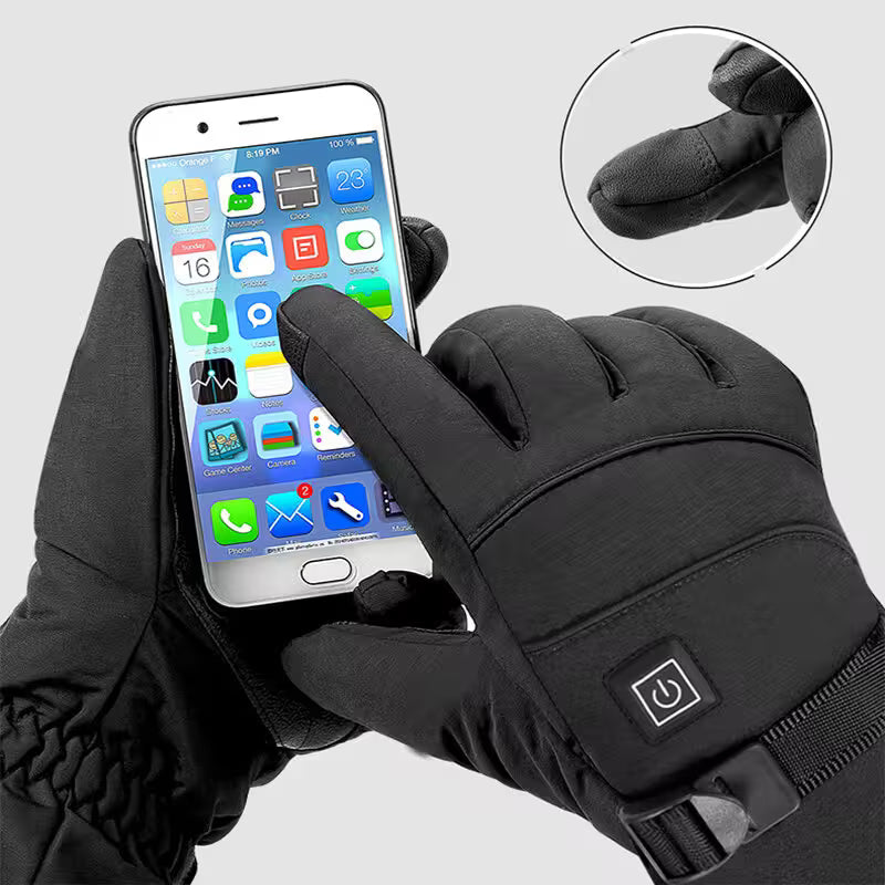 Black touchscreen gloves holding a smartphone with a close-up of the glove's button.
