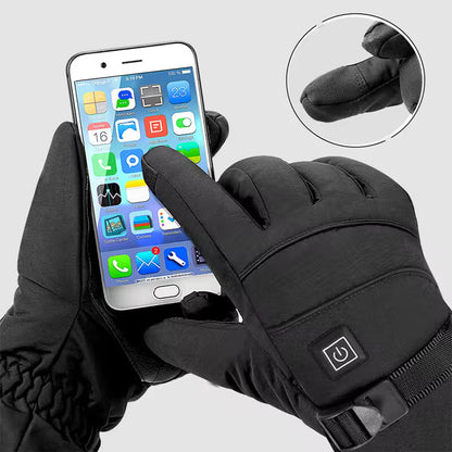 Black touchscreen gloves holding a smartphone with a close-up of the glove's button.