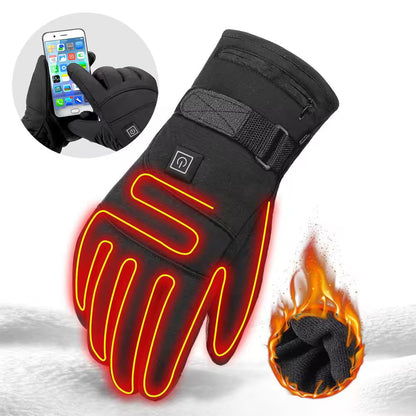 Black heated gloves with glowing red heating elements, inset showing phone use, on a white background.