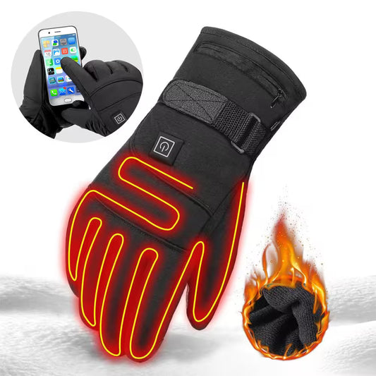 Black heated gloves with glowing red heating elements, inset showing phone use, on a white background.