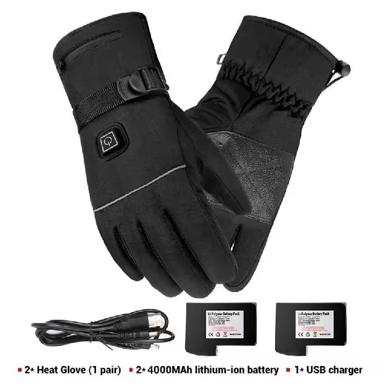 Black heated gloves with battery pack and USB cable on a white background