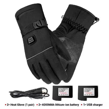 Black heated gloves with battery pack and USB cable on a white background