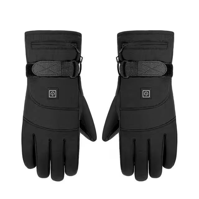 Pair of black heated gloves with brand logo on a white background
