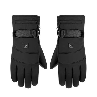 Pair of black heated gloves with brand logo on a white background
