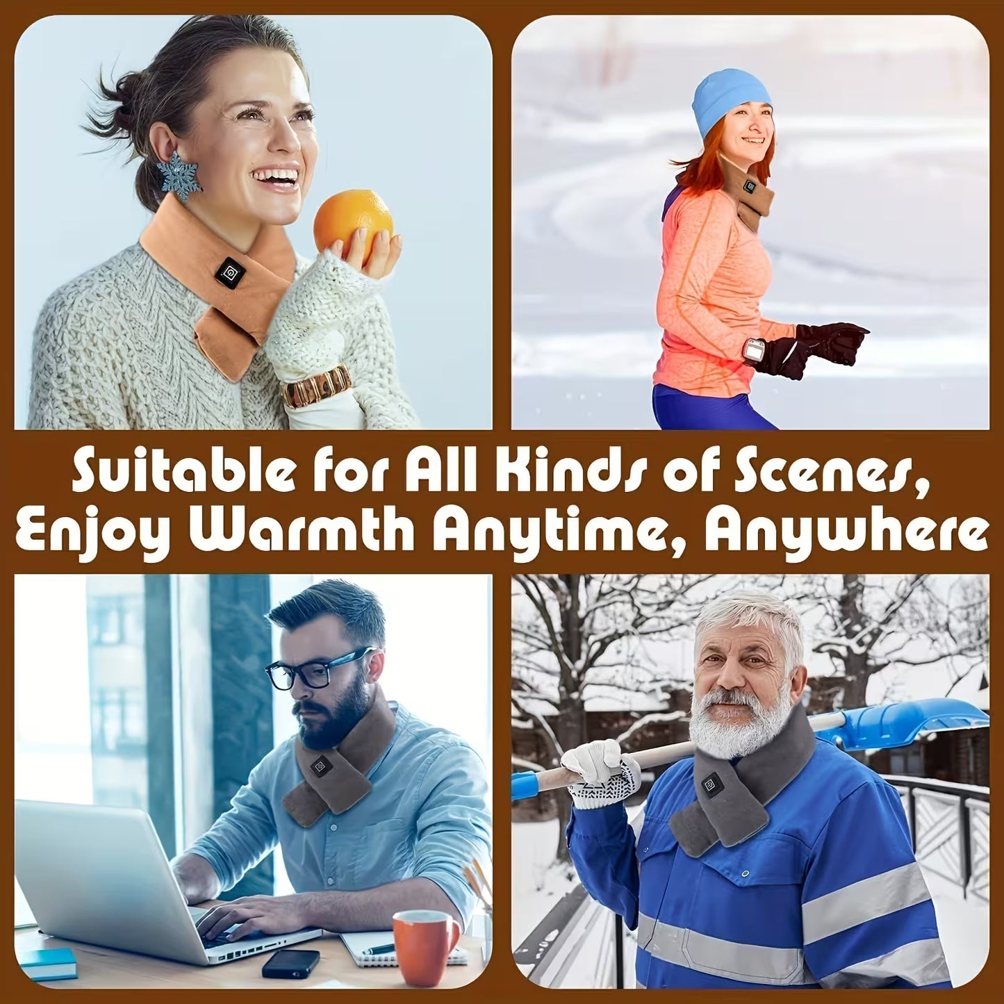 Four people wearing scarves and gloves in various settings with text 'Suitable for All Kinds of Scenes, Enjoy Warmth Anytime, Anywhere'.