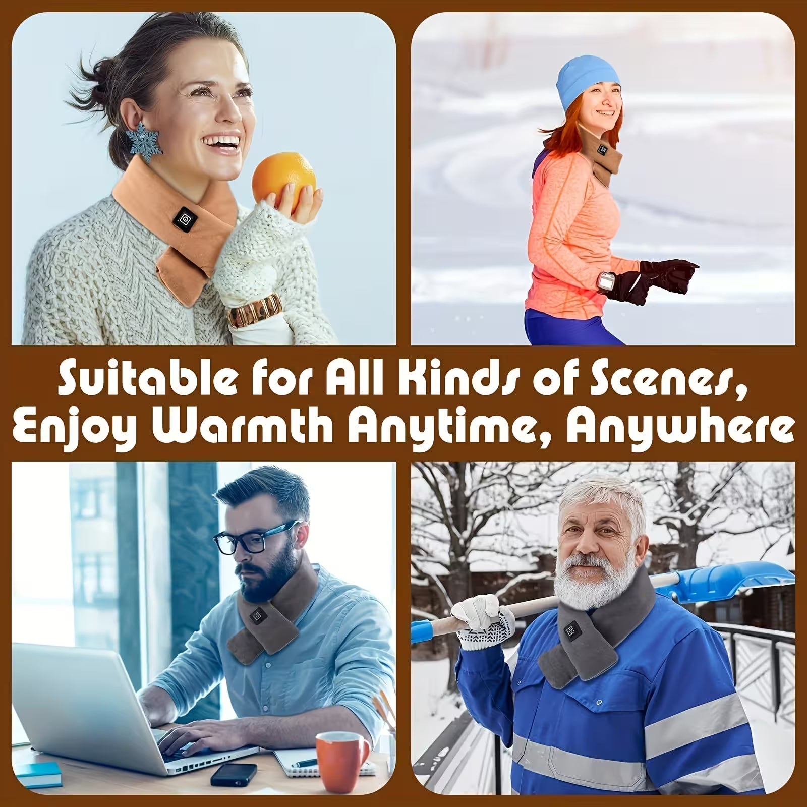 Four people wearing scarves and gloves in various settings with text 'Suitable for All Kinds of Scenes, Enjoy Warmth Anytime, Anywhere'.