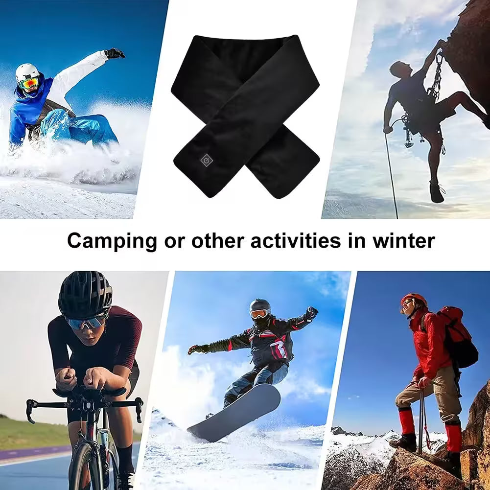Black neck gaiter with winter activities collage including snowboarding, climbing, cycling, and skiing.