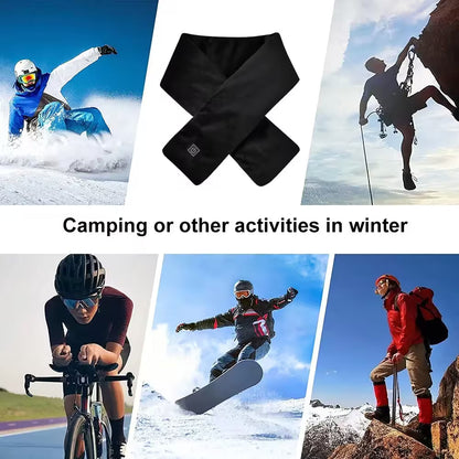 Black neck gaiter with winter activities collage including snowboarding, climbing, cycling, and skiing.