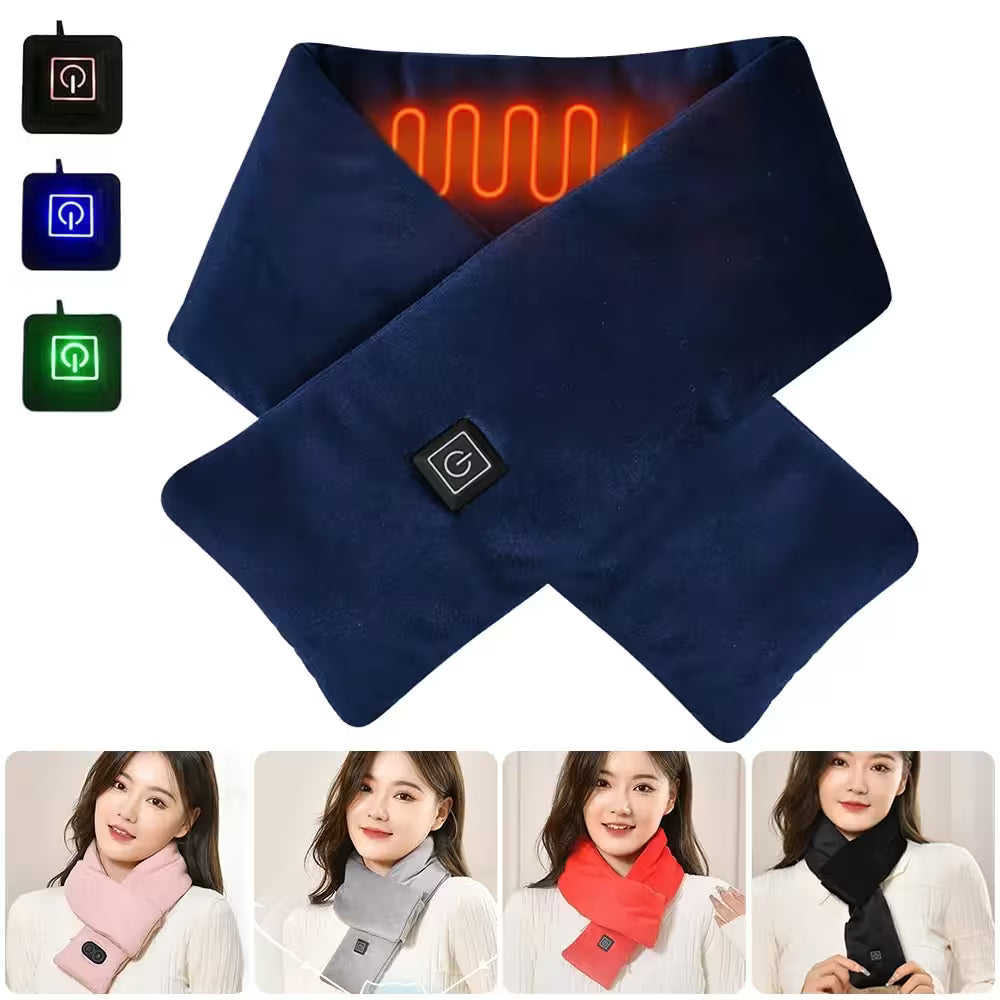 Blue heated neck wrap with color-changing indicator lights and people wearing different colored neck wraps.
