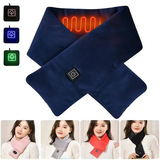 Blue heated neck wrap with color-changing indicator lights and people wearing different colored neck wraps.