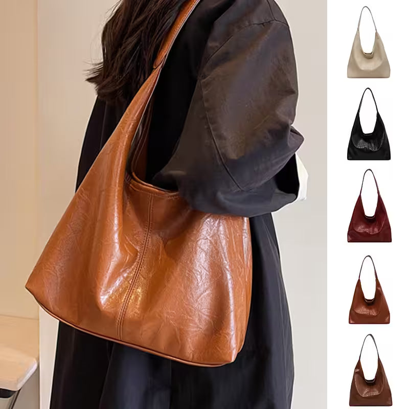 Brown leather handbag held by a person with additional handbags shown in smaller images.