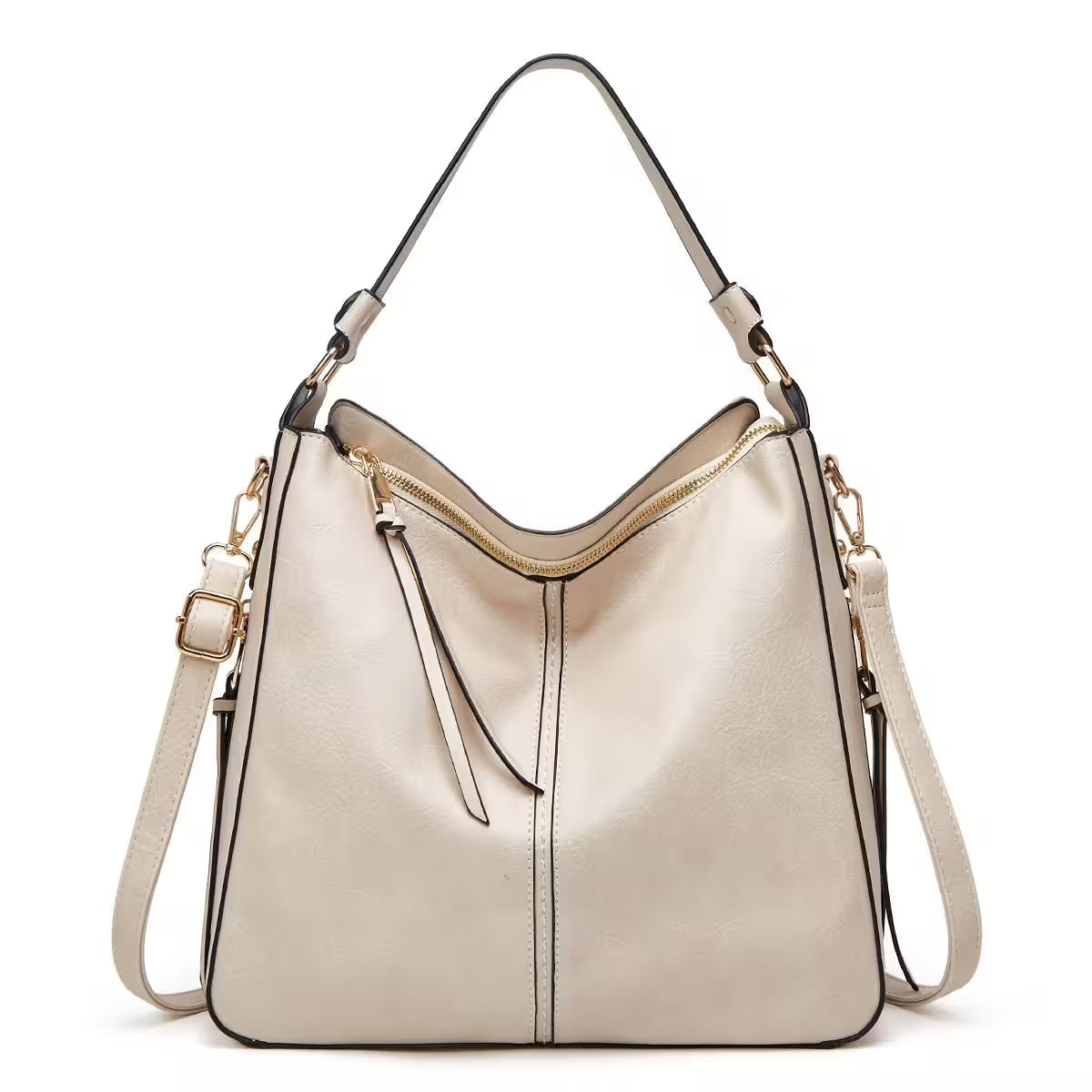 Beige handbag with gold accents on a white background