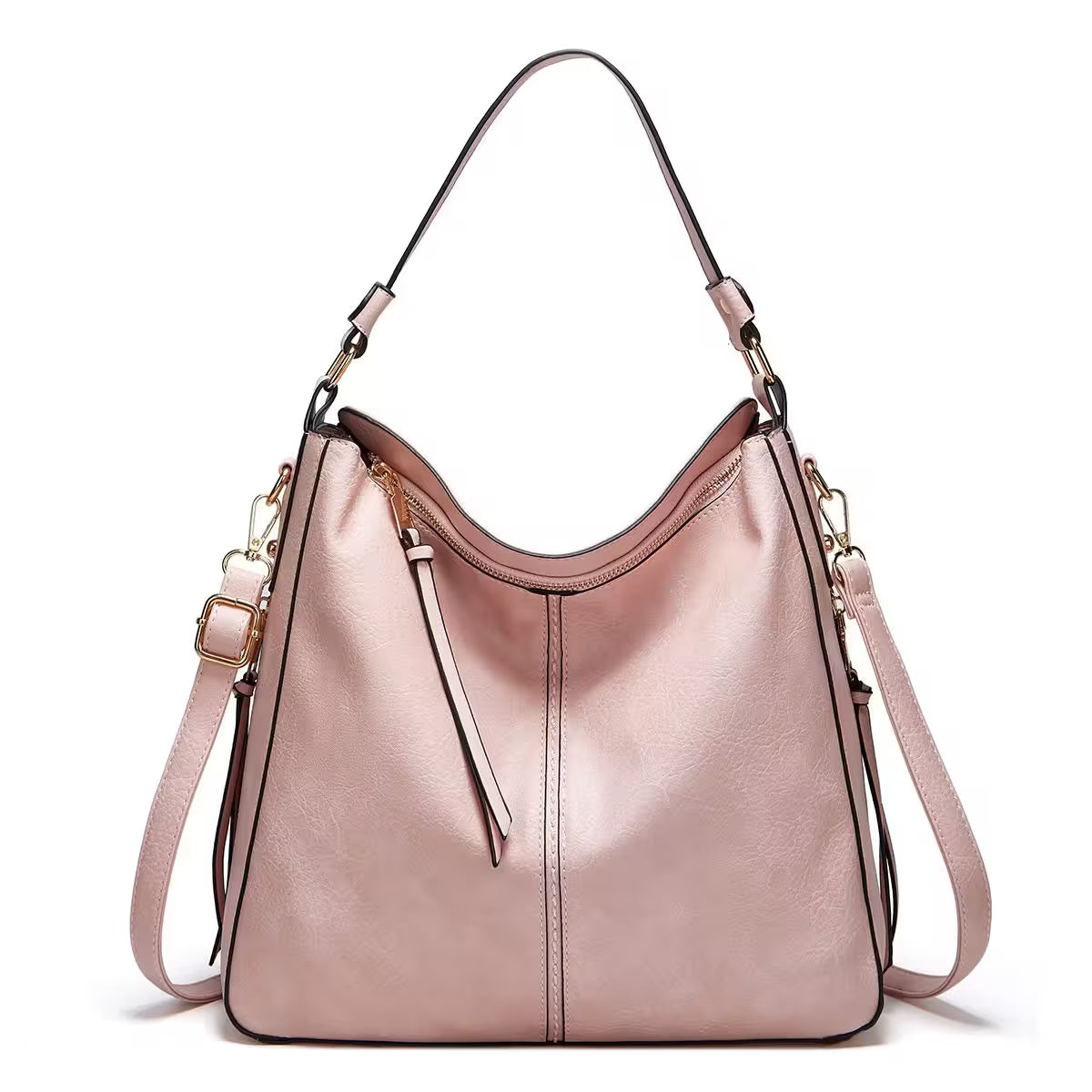 Pink handbag with gold accents on a white background