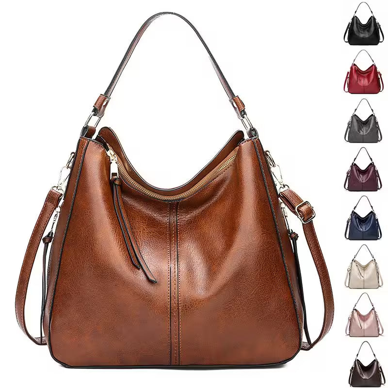 Brown leather handbag with color options displayed on a white background
