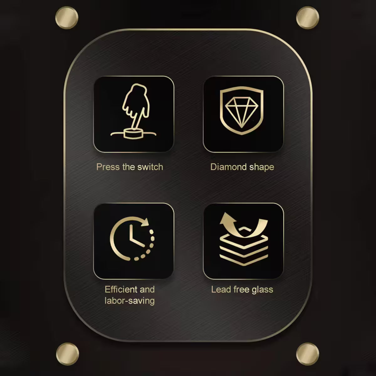 Product features with icons and text on a black background