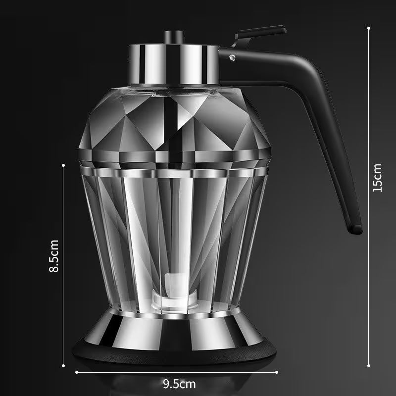 Silver and black coffee maker with dimensions on a dark background