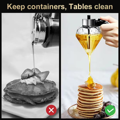Two images showing syrup being poured onto pancakes with text 'Keep containers, Tables clean'.