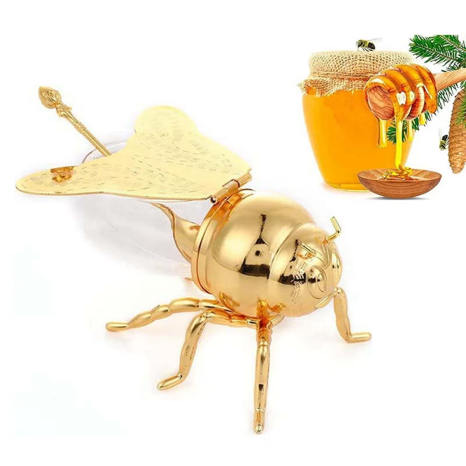 Gold bee-shaped container with a honeycomb and jar of honey on a white background