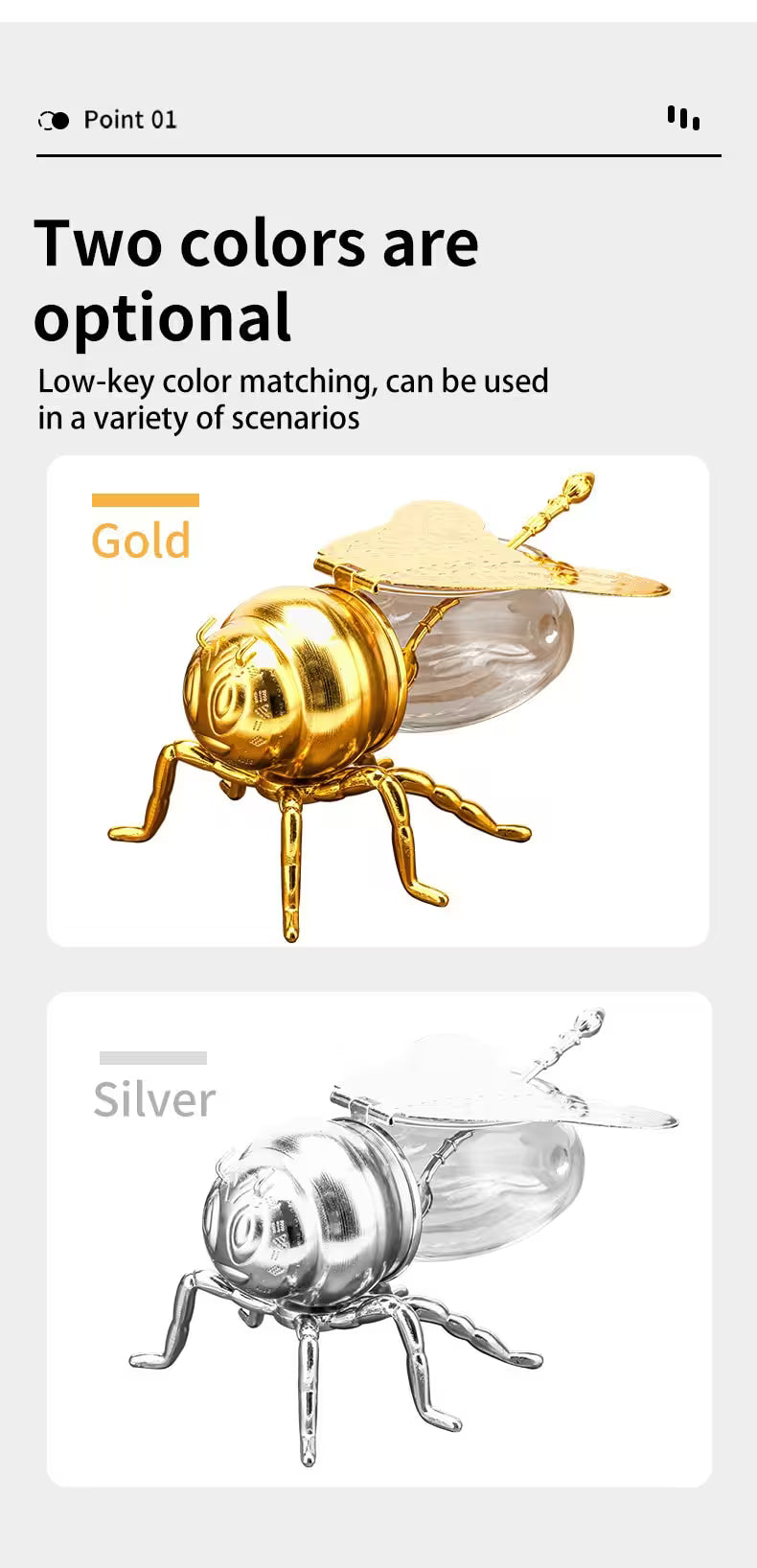 Gold and silver bug-shaped objects with text about color options.