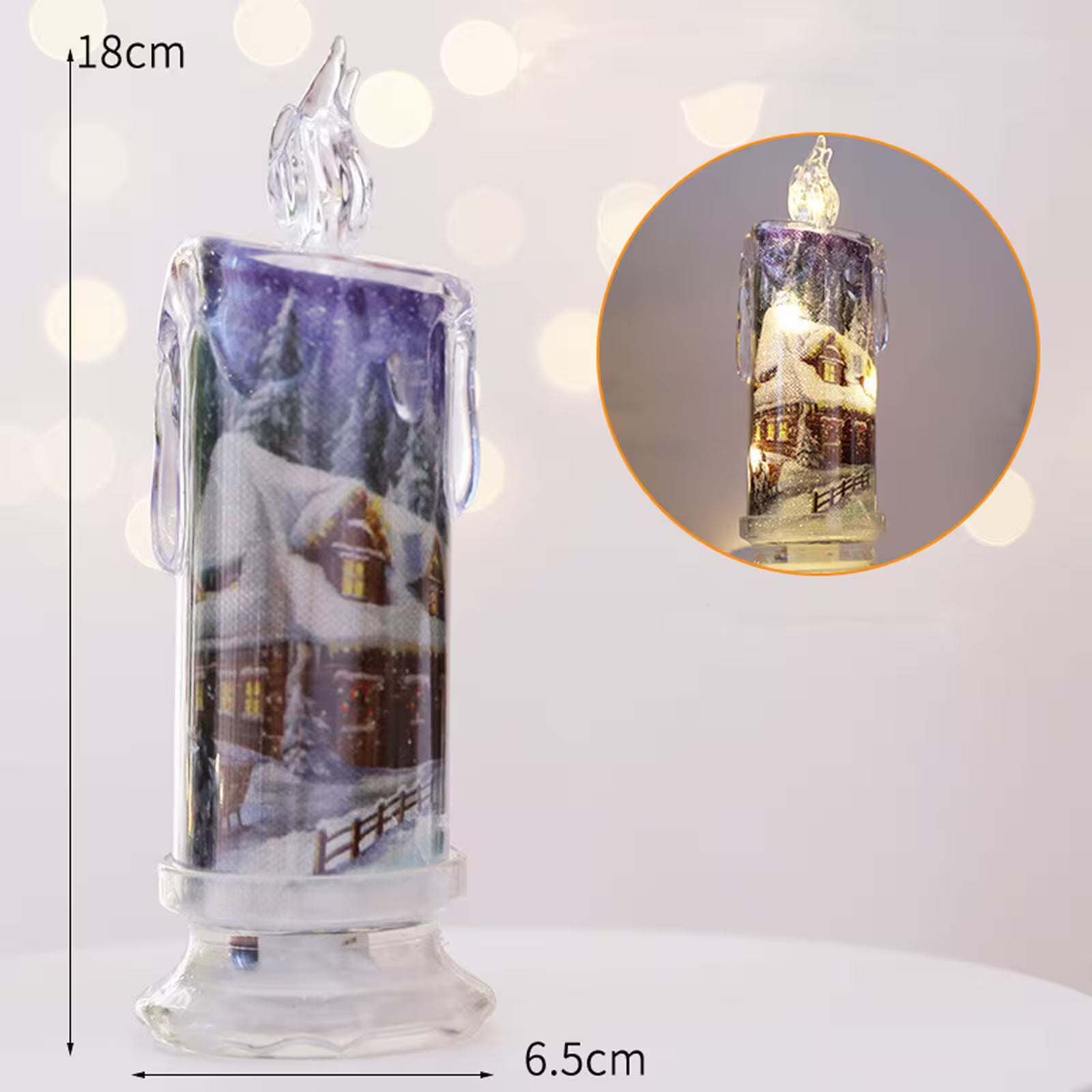 Decorative candle with a winter scene and measurement details on a white background