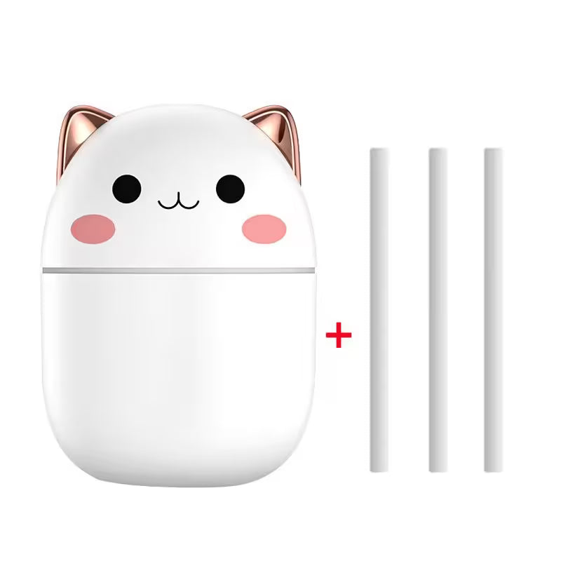 Cute white cat-shaped humidifier with rose gold accents on a white background