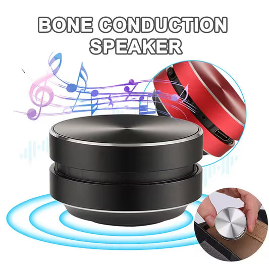 Black bone conduction speaker with colorful sound waves and a hand holding the device.