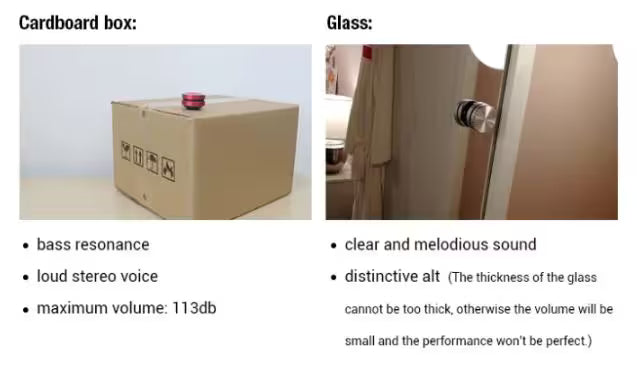 Comparison of cardboard box and glass for sound production with text describing their properties.