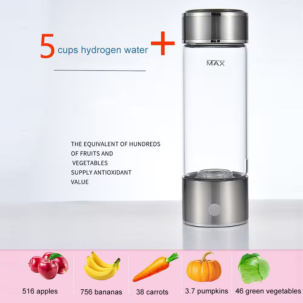 Hydrogen water bottle with fruit and vegetable equivalency chart on a white background