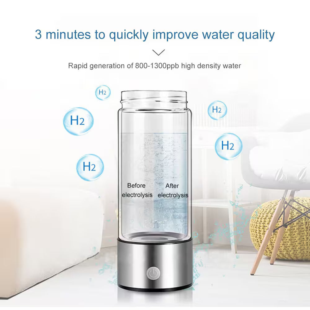 Hydrogen water generator with text on water quality improvement and electrolysis process.