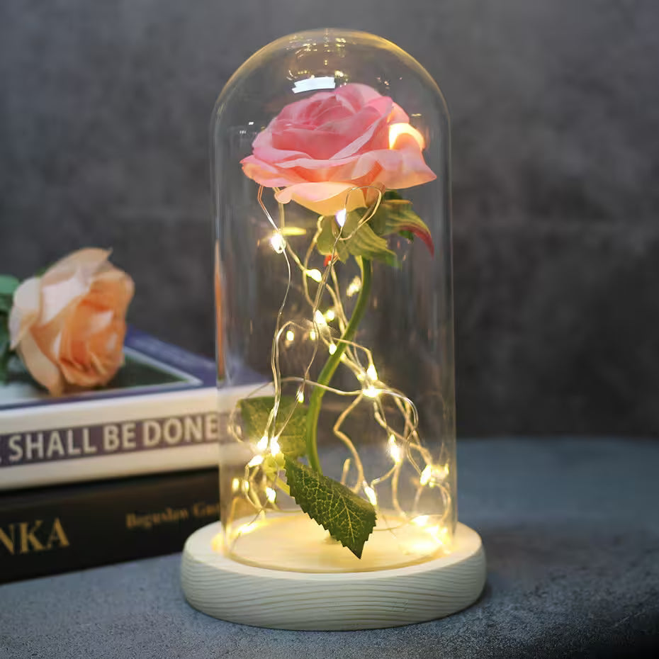 Rose inside a glass dome with LED lights on a dark background